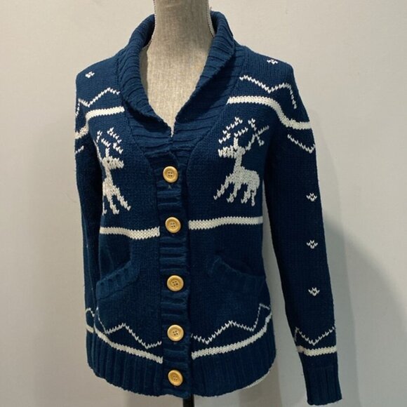 Sea to Sky Reindeer Cardigan Blue Sweater Size medium - Picture 2 of 15